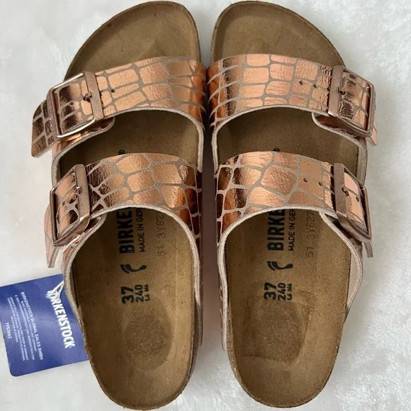 Birkenstock Arizona Sandals 37 Womens US 6/6.5 Gator Gleam Copper Buckle Strap - Picture 1 of 9